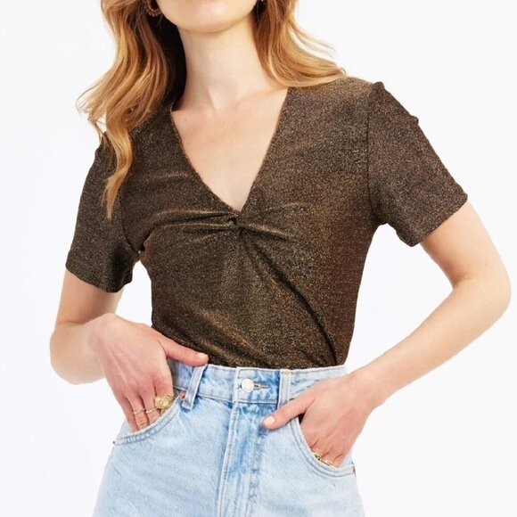 An'ge French Brand "Aaron Tight and Bright" T-Shirt Metallic Gold Twist Front - Picture 1 of 11